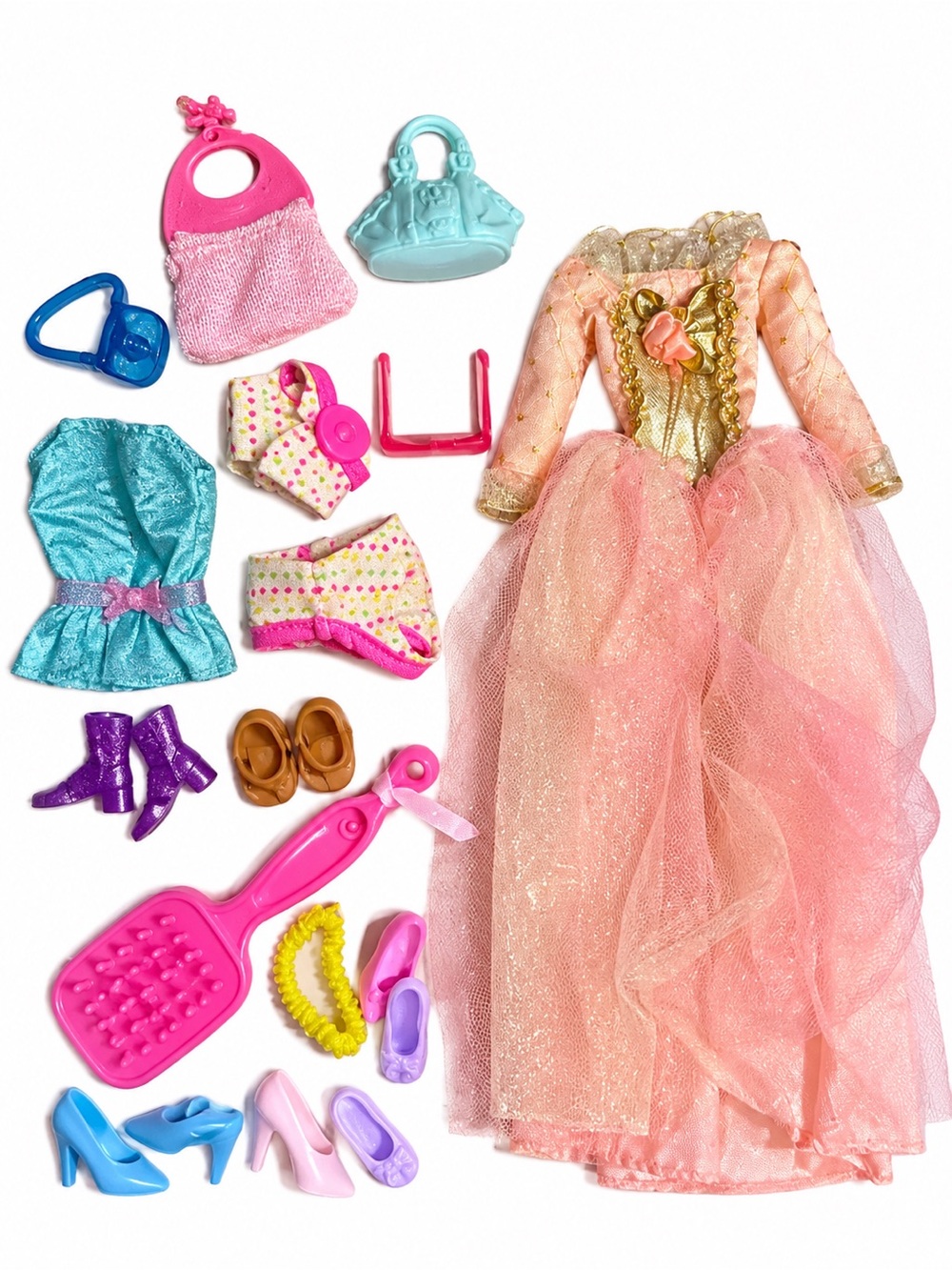 Barbie Doll Clothes & Accessories Lot Princess Dress, Shoes, Purses & Brush